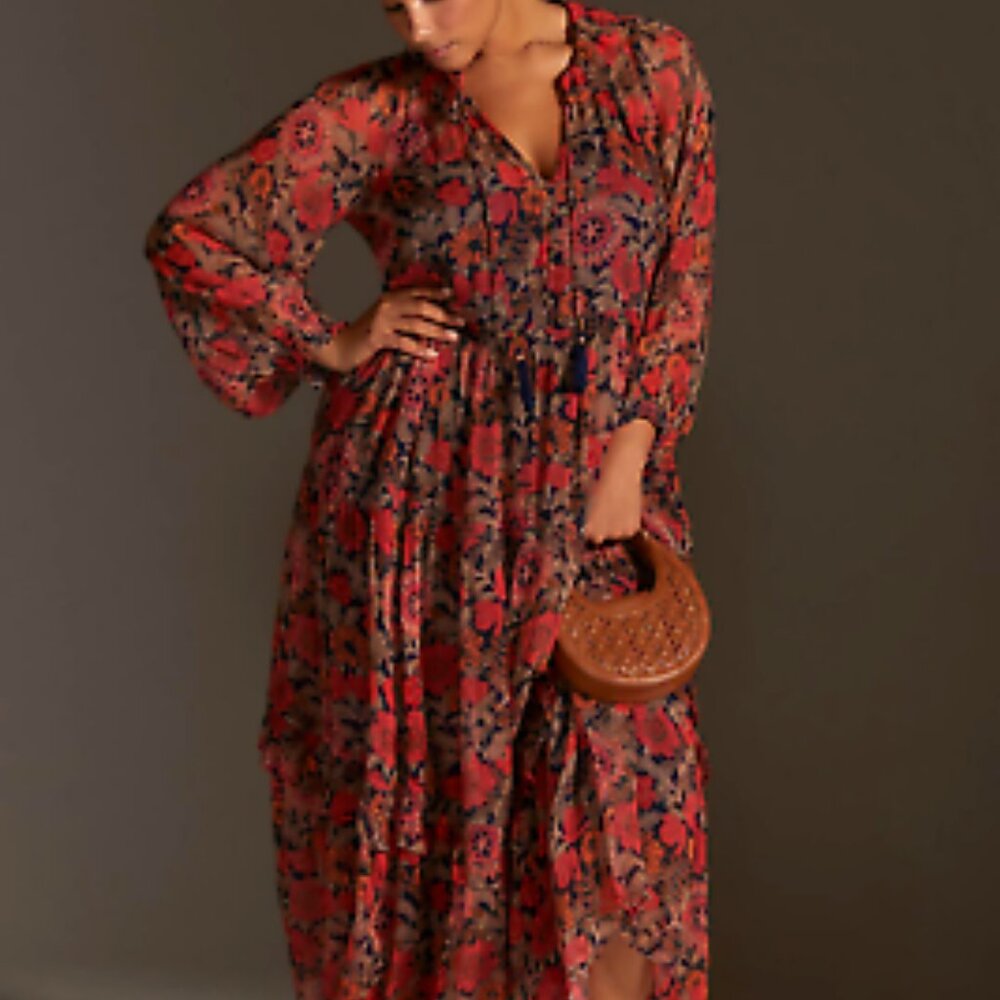 Anthropologie Marais Chiffon Maxi Dress Printed Tiered Red Floral Plus Size 3x